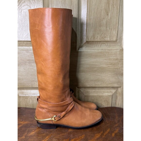Ralph Lauren Jenny Women Size 8.5B Tan Leather Gold Hardware Riding Tall Boot - Picture 3 of 9